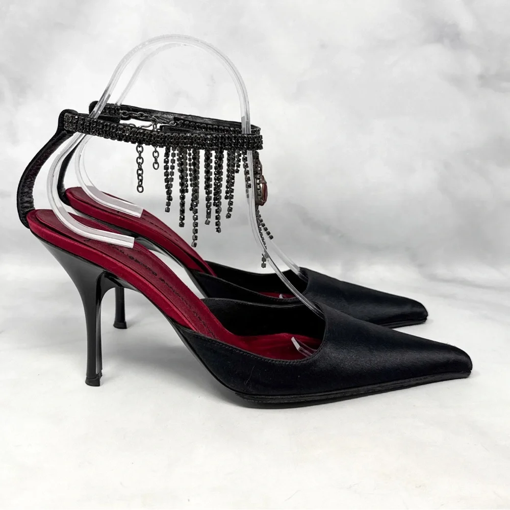 Giuseppe Zanotti Vicini Vintage Gothic Silk Pointed Toe Mule Pump Heels Black - Picture 3 of 16